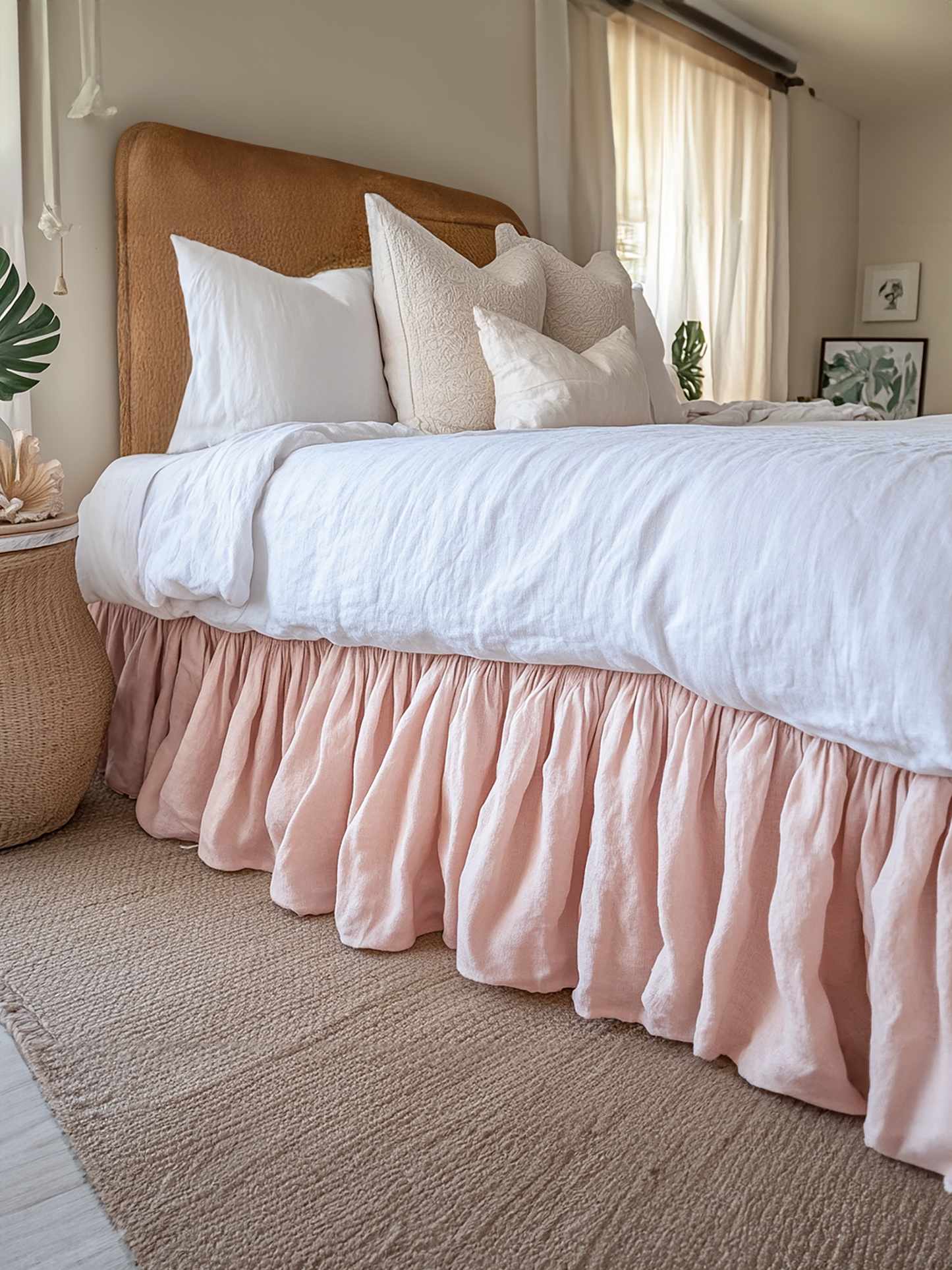 Light pink ruffled bed skirt