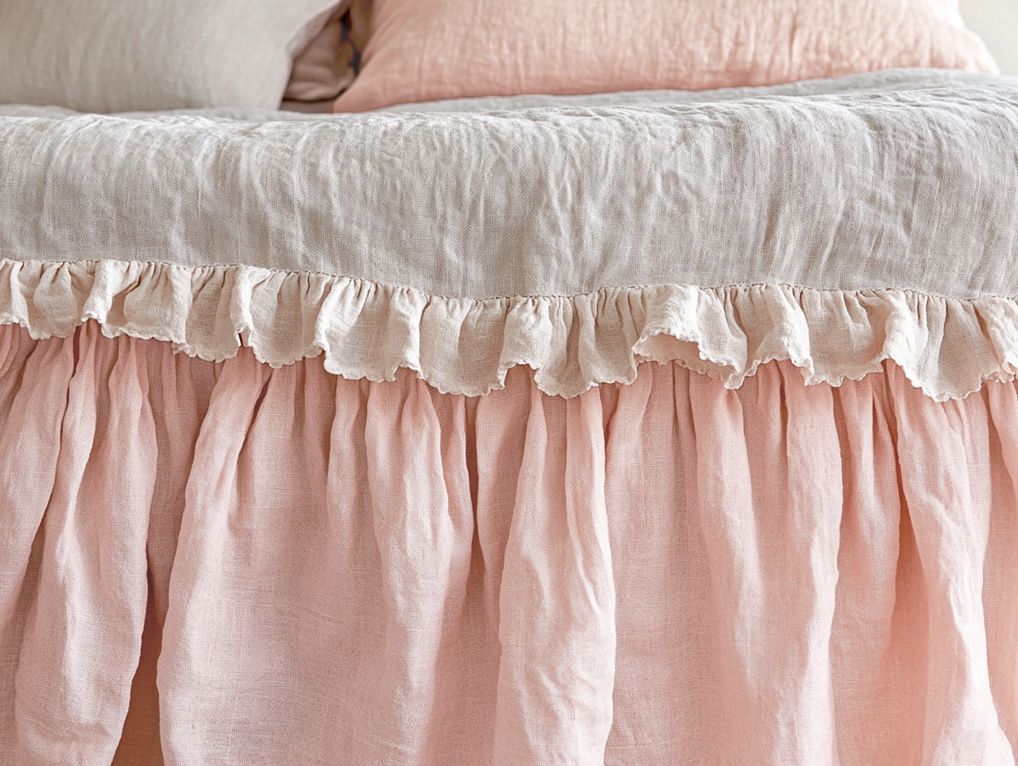 Light pink ruffled bed skirt