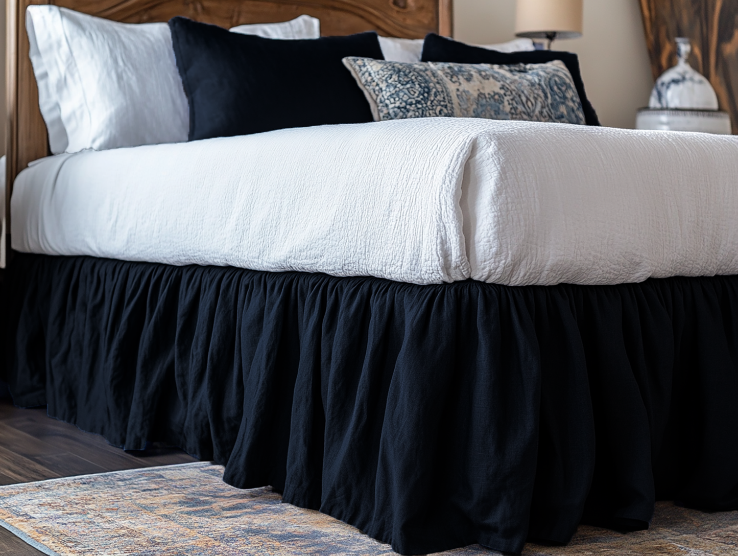 Navy ruffled bed skirt