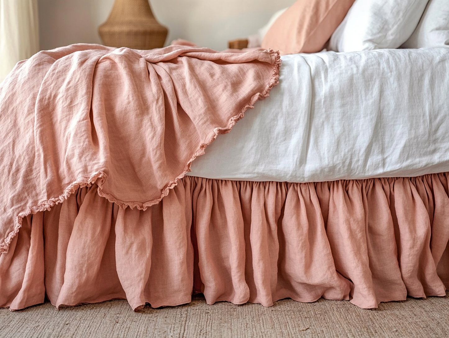 Peach ruffled bed skirt