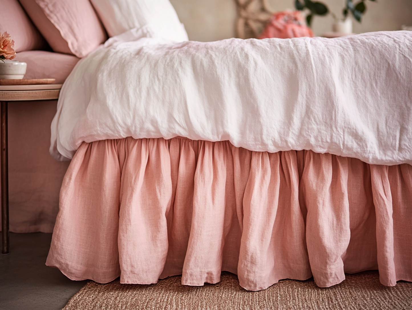 Peach ruffled bed skirt